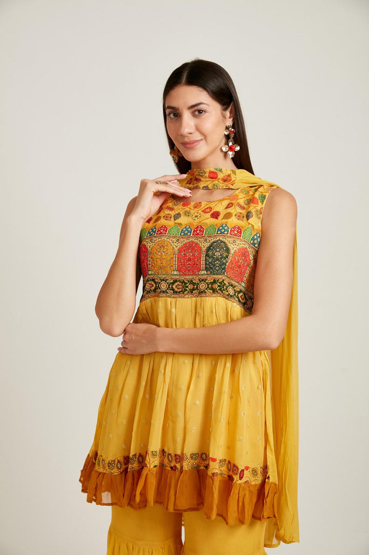 Neerus Yellow georgette printed kurta set - side view