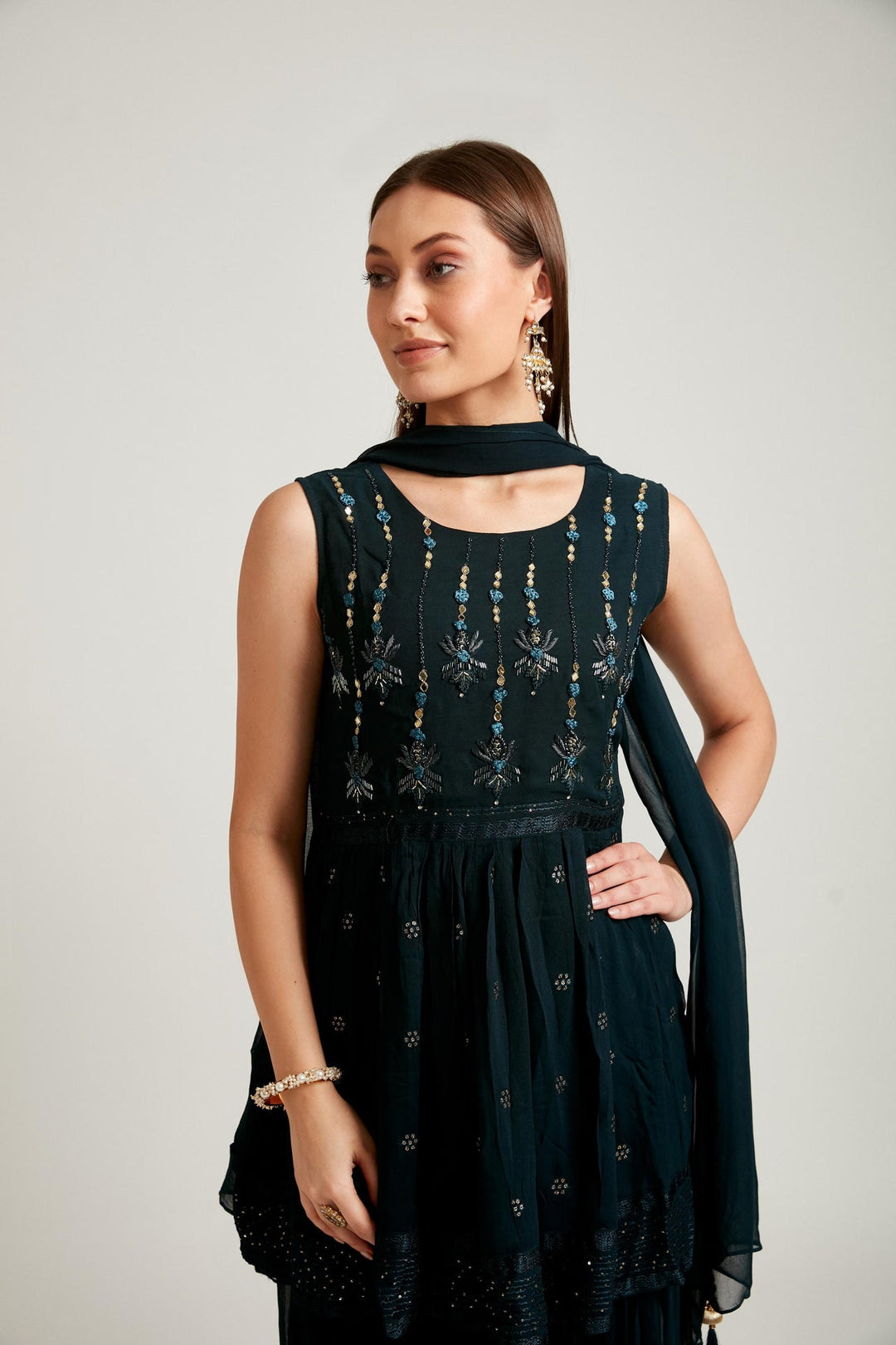 Neerus Blue georgette embroidered suit set - back view