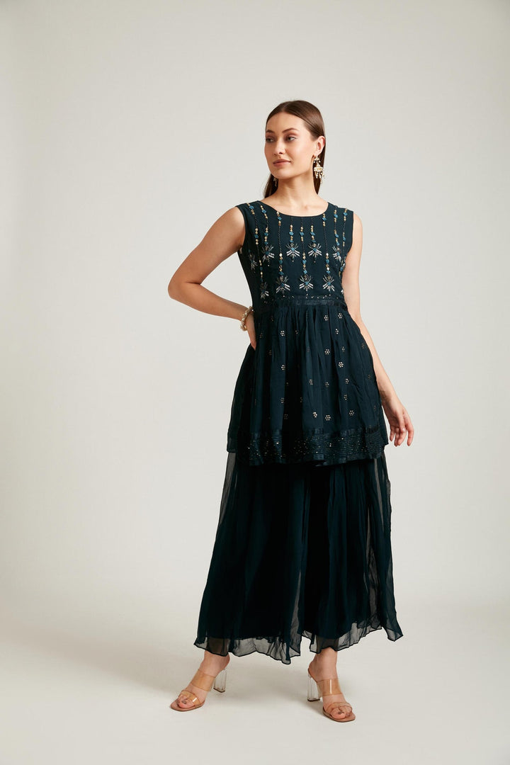 Neerus Blue georgette embroidered suit set - front view