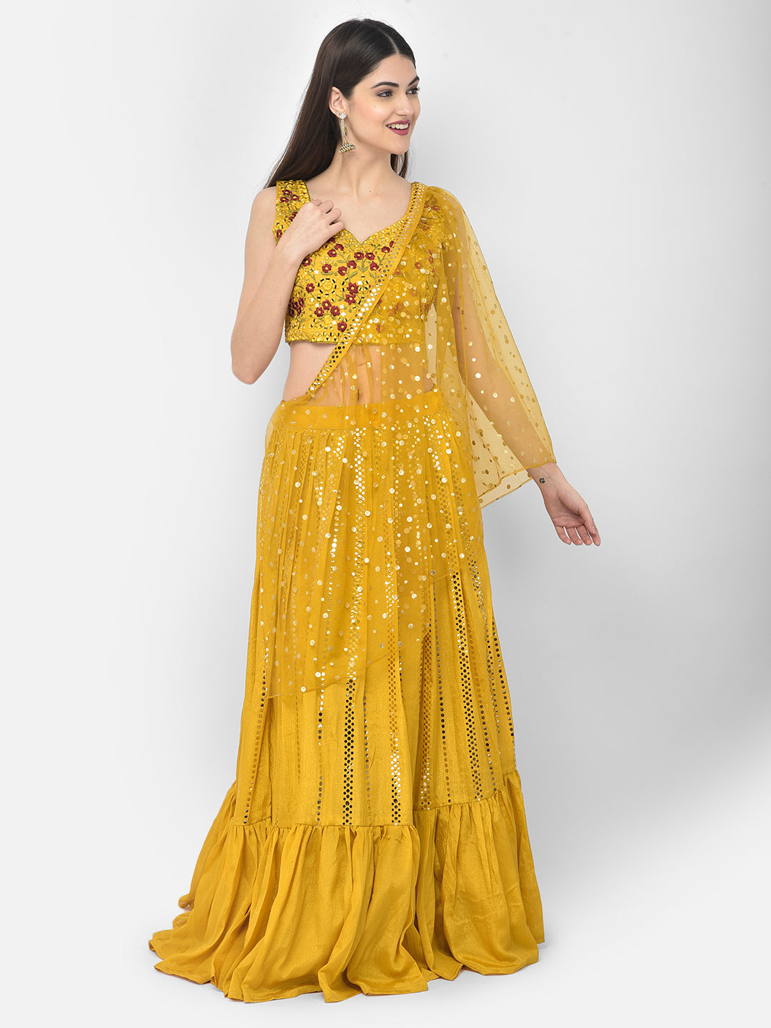 Neerus Yellow silk mirror work lehenga set - detail view 4