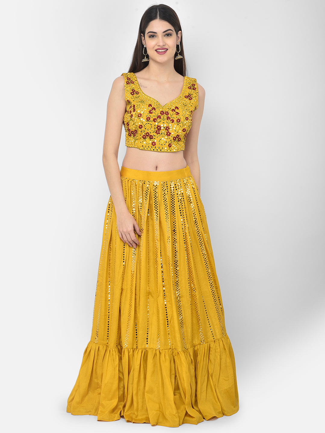 Neerus Yellow silk mirror work lehenga set - detail view 1