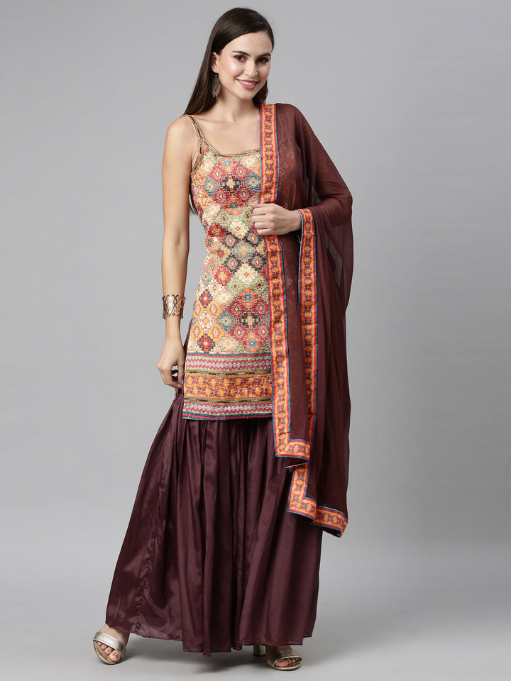 Neerus Beige silk embellished kurta set checked print - detail view 6
