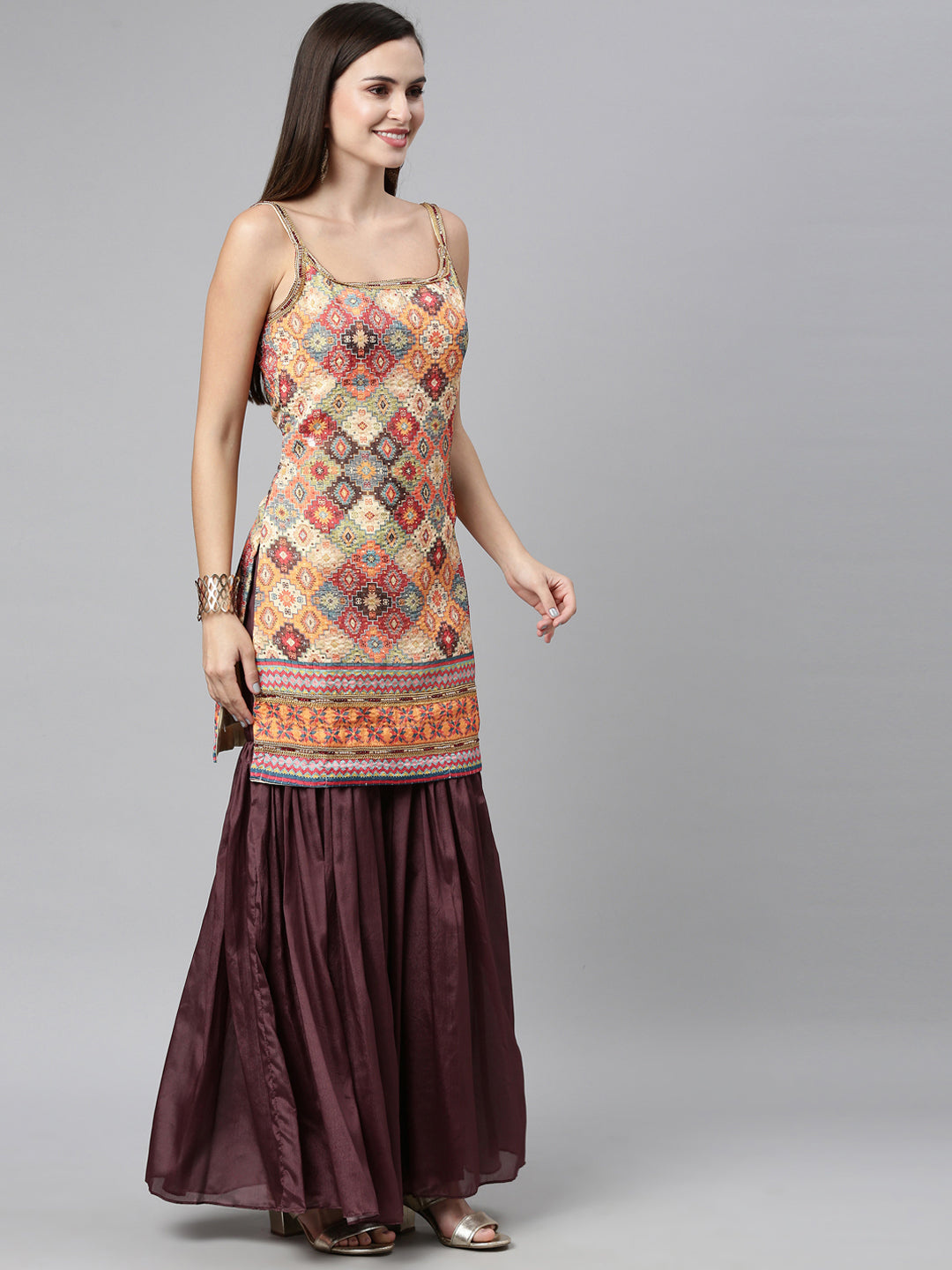 Neerus Beige silk embellished kurta set checked print - front view