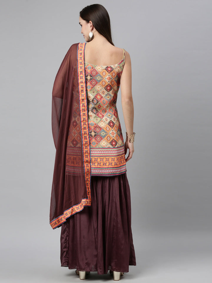 Neerus Beige silk embellished kurta set checked print - back view