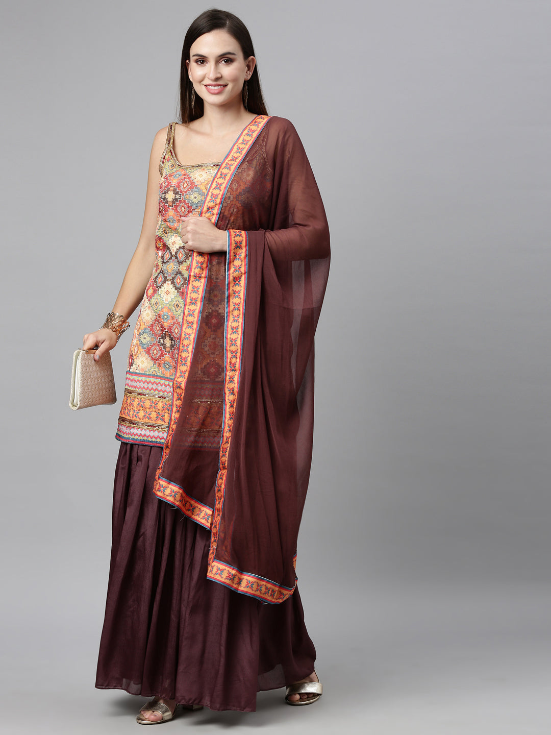 Neerus Beige silk embellished kurta set checked print - detail view 1