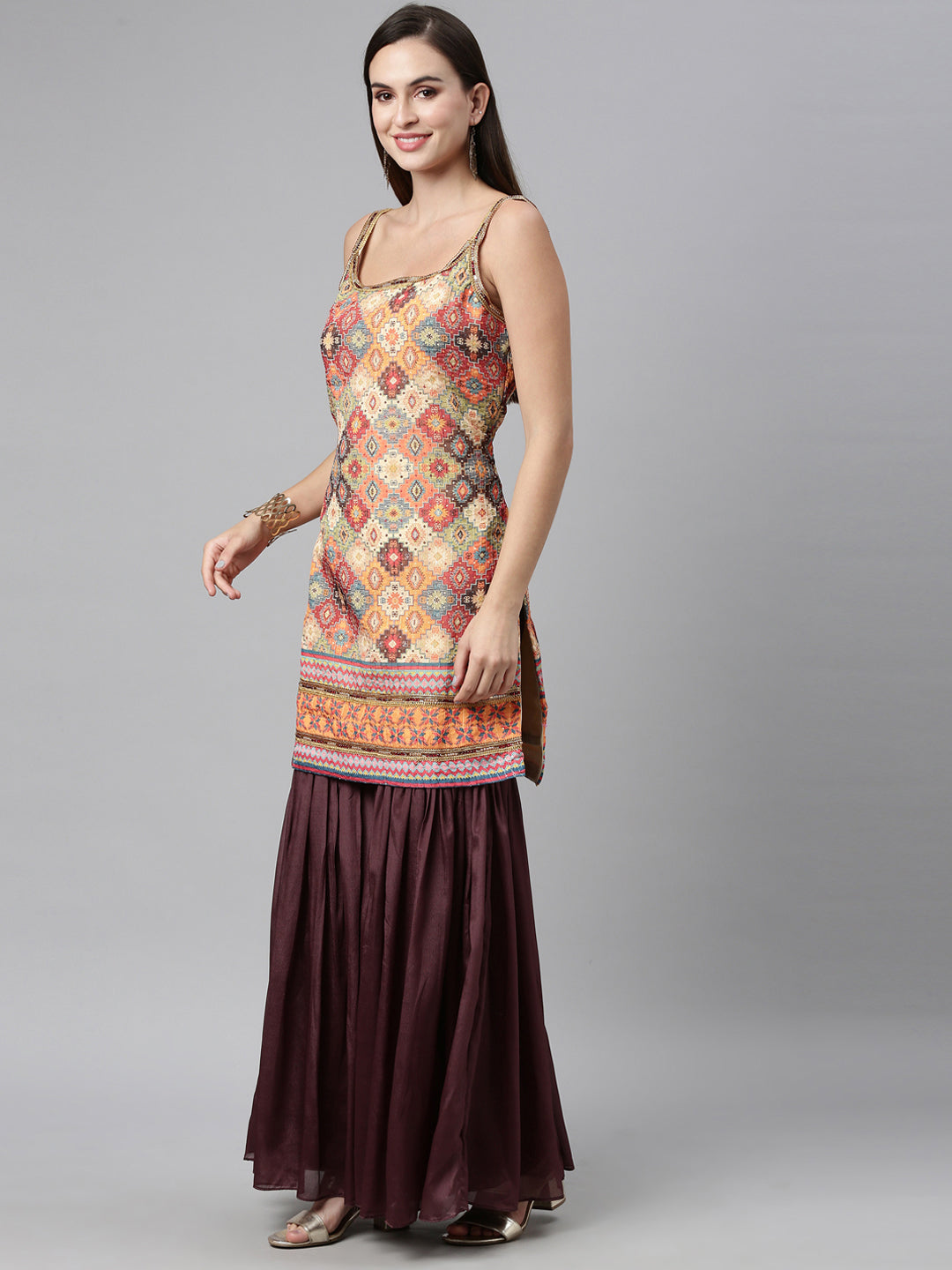 Neerus Beige silk embellished kurta set checked print - detail view 2