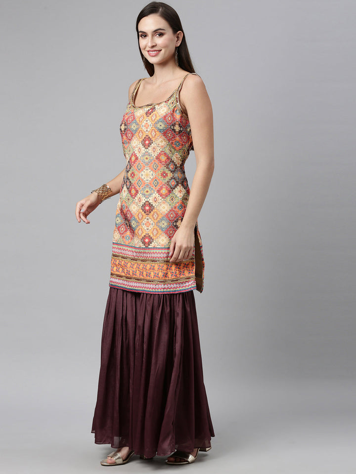 Neerus Beige silk embellished kurta set checked print - detail view 2