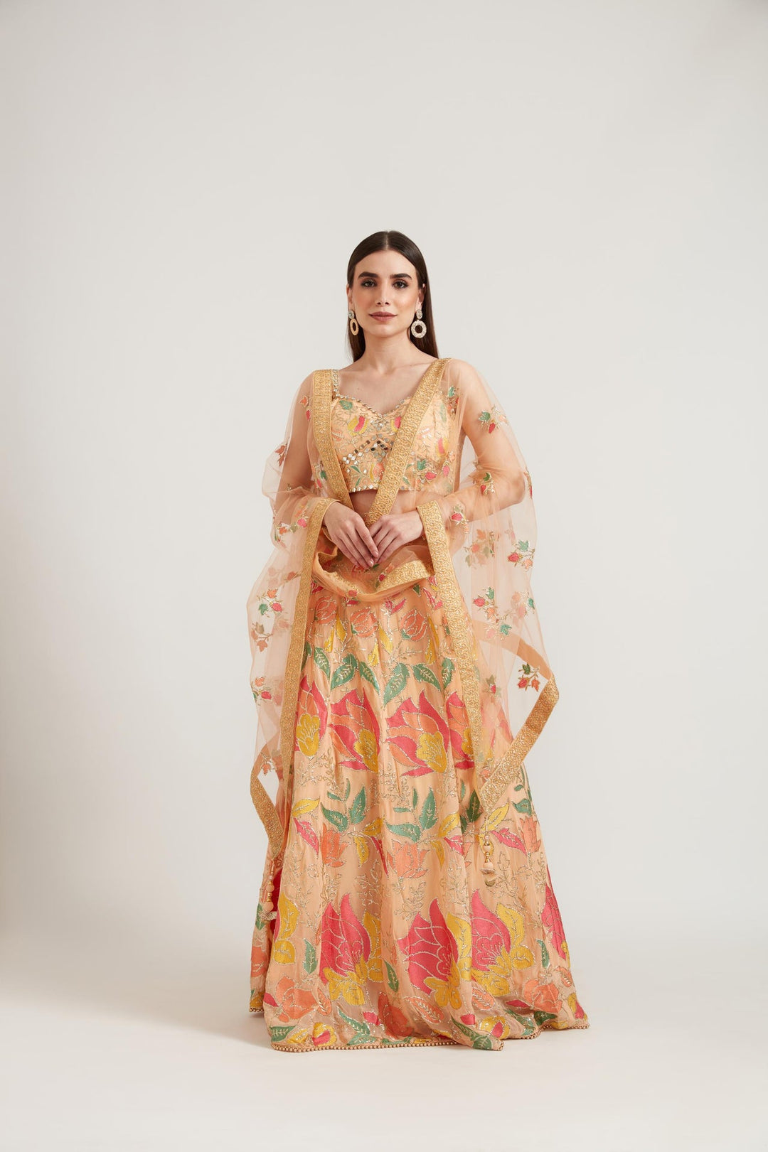 Neerus Orange georgette embellished lehenga ghagra set - front view