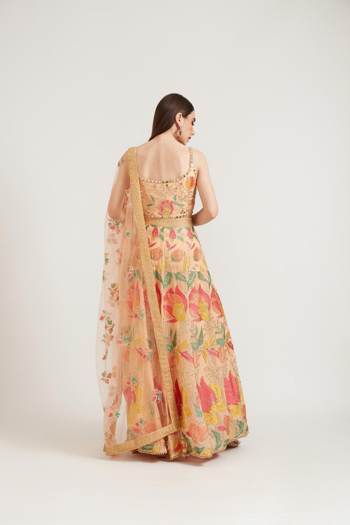 Neerus Orange georgette embellished lehenga ghagra set - side view