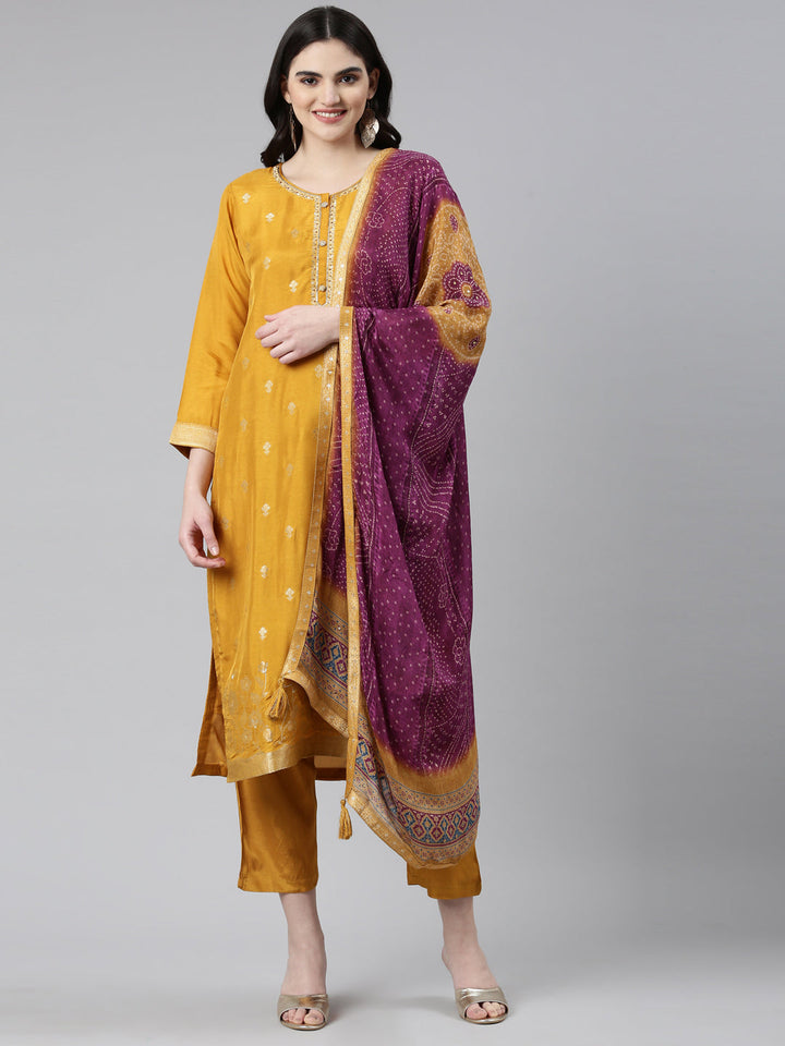 Neerus Gold Banarasi printed kurta set - front view