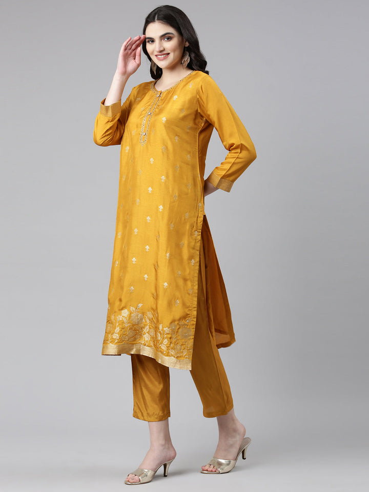 Neerus Gold Banarasi printed kurta set - back view