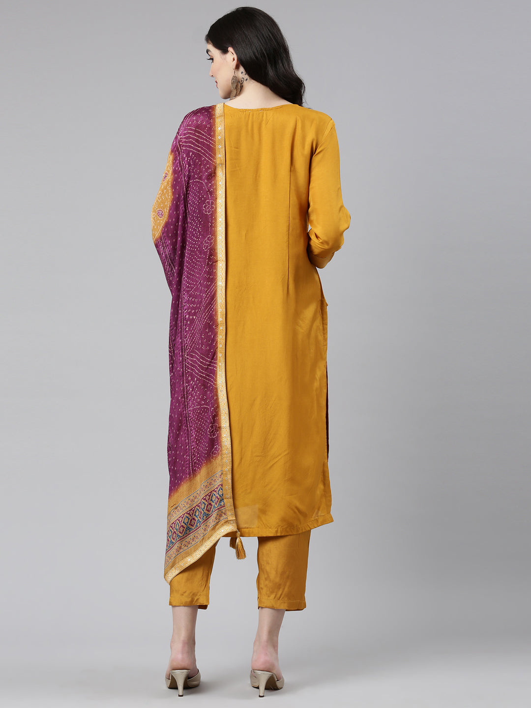 Neerus Gold Banarasi printed kurta set - side view