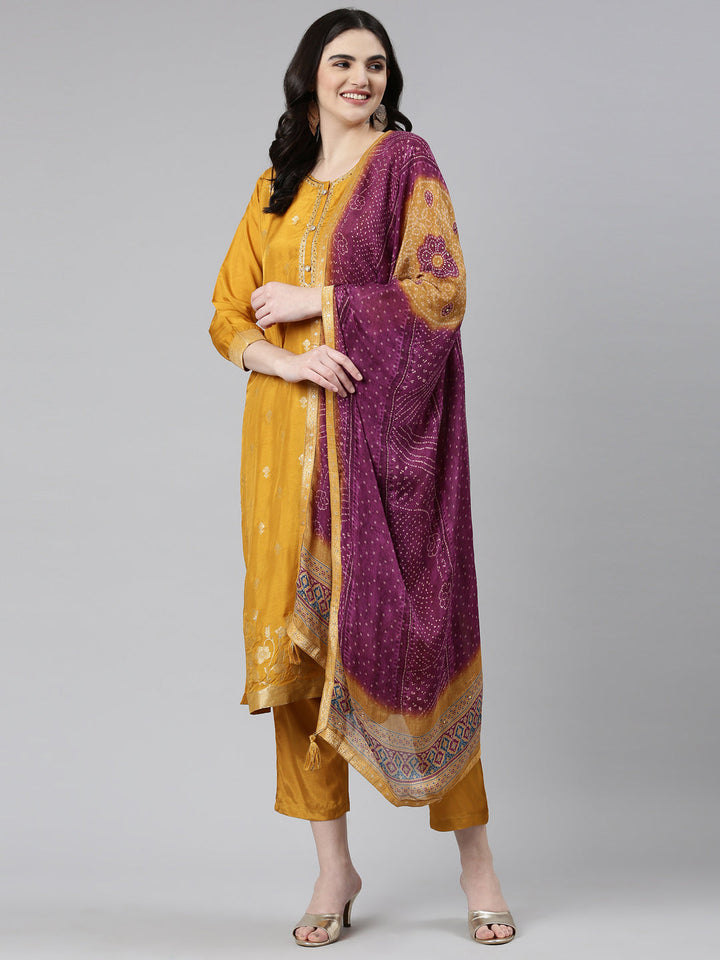 Neerus Gold Banarasi printed kurta set - detail view 2