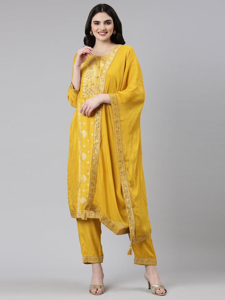Neerus Yellow printed straight kurta set - front view