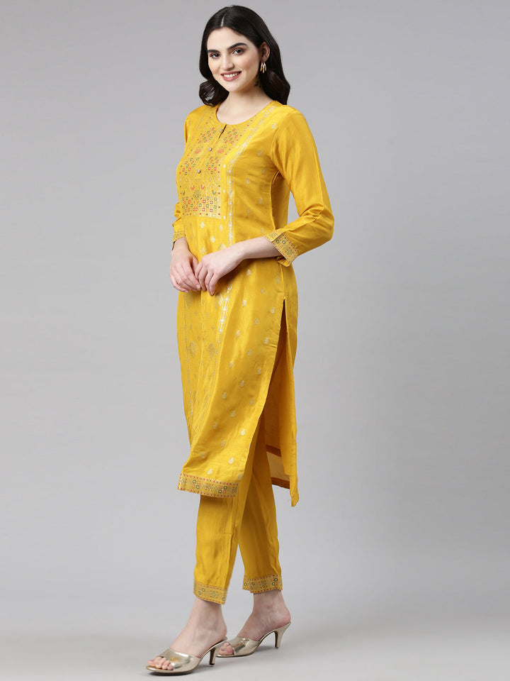Neerus Yellow printed straight kurta set - back view