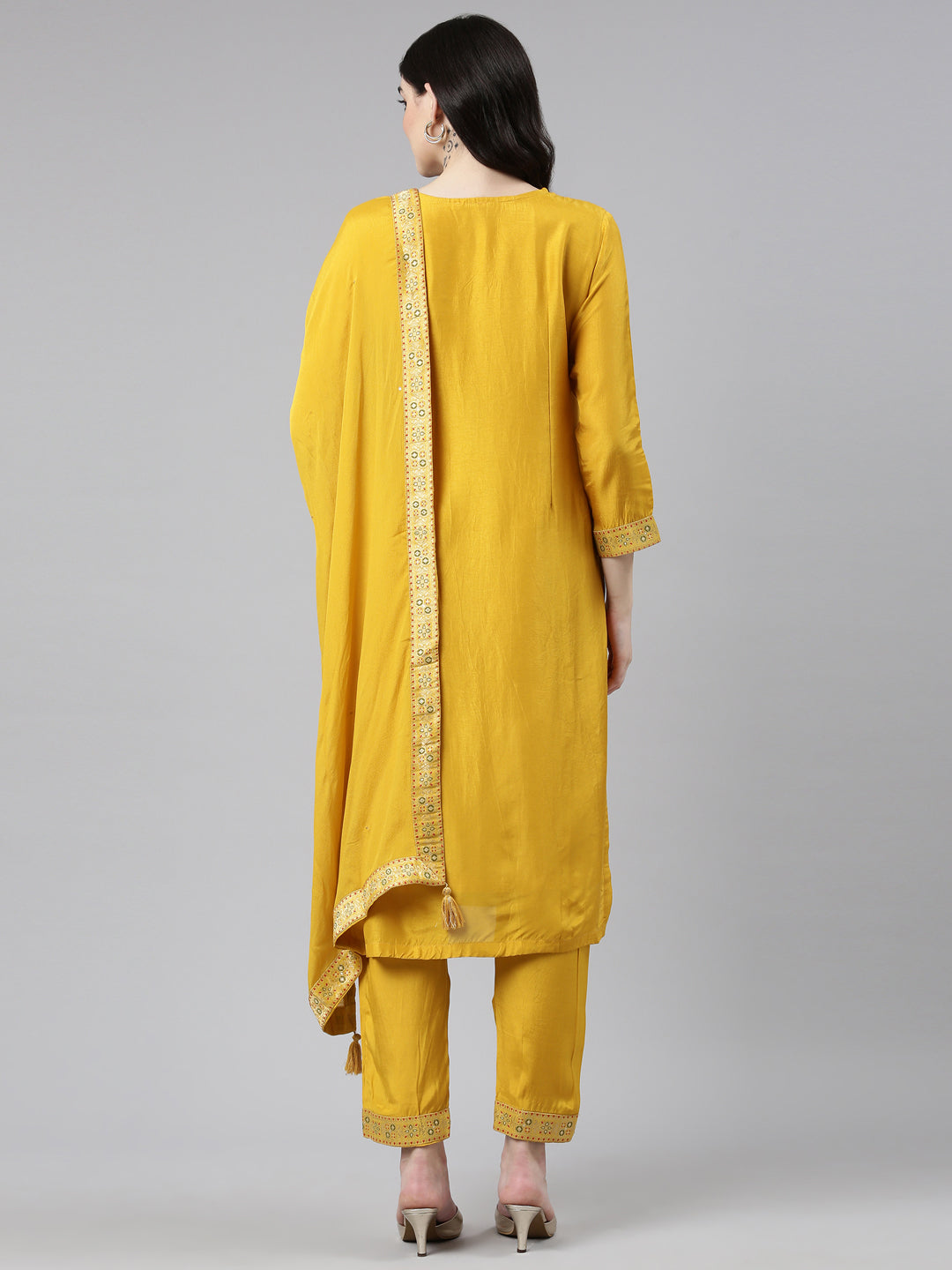 Neerus Yellow printed straight kurta set - side view