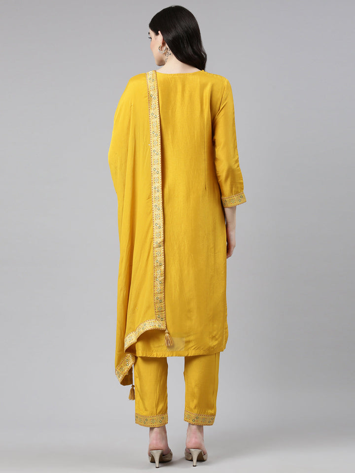 Neerus Yellow printed straight kurta set - side view