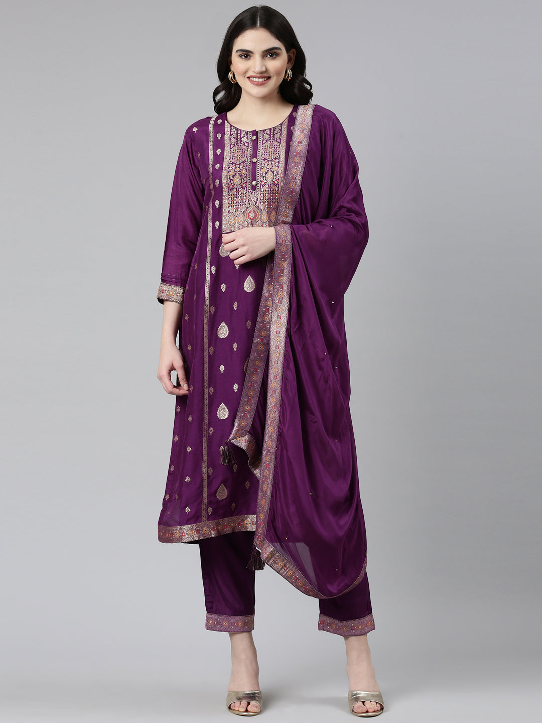 Neerus Purple Banarasi printed kurta set with trouser and dupatta - front view