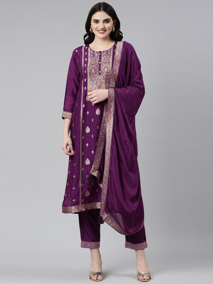 Neerus Purple Banarasi printed kurta set with trouser and dupatta - front view