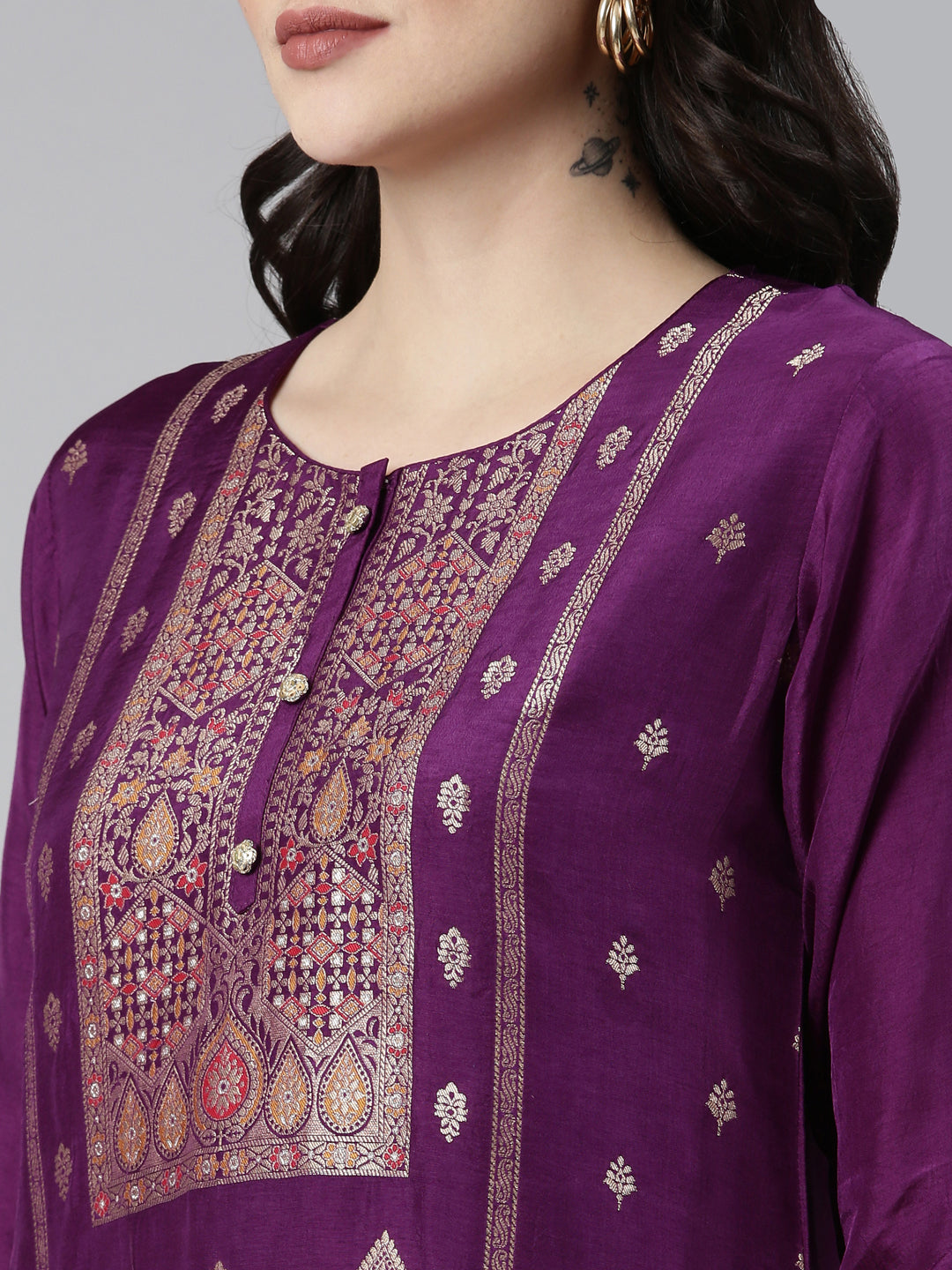 Neerus Purple Banarasi printed kurta set with trouser and dupatta - detail view 1
