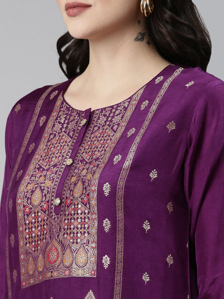 Neerus Purple Banarasi printed kurta set with trouser and dupatta - detail view 1