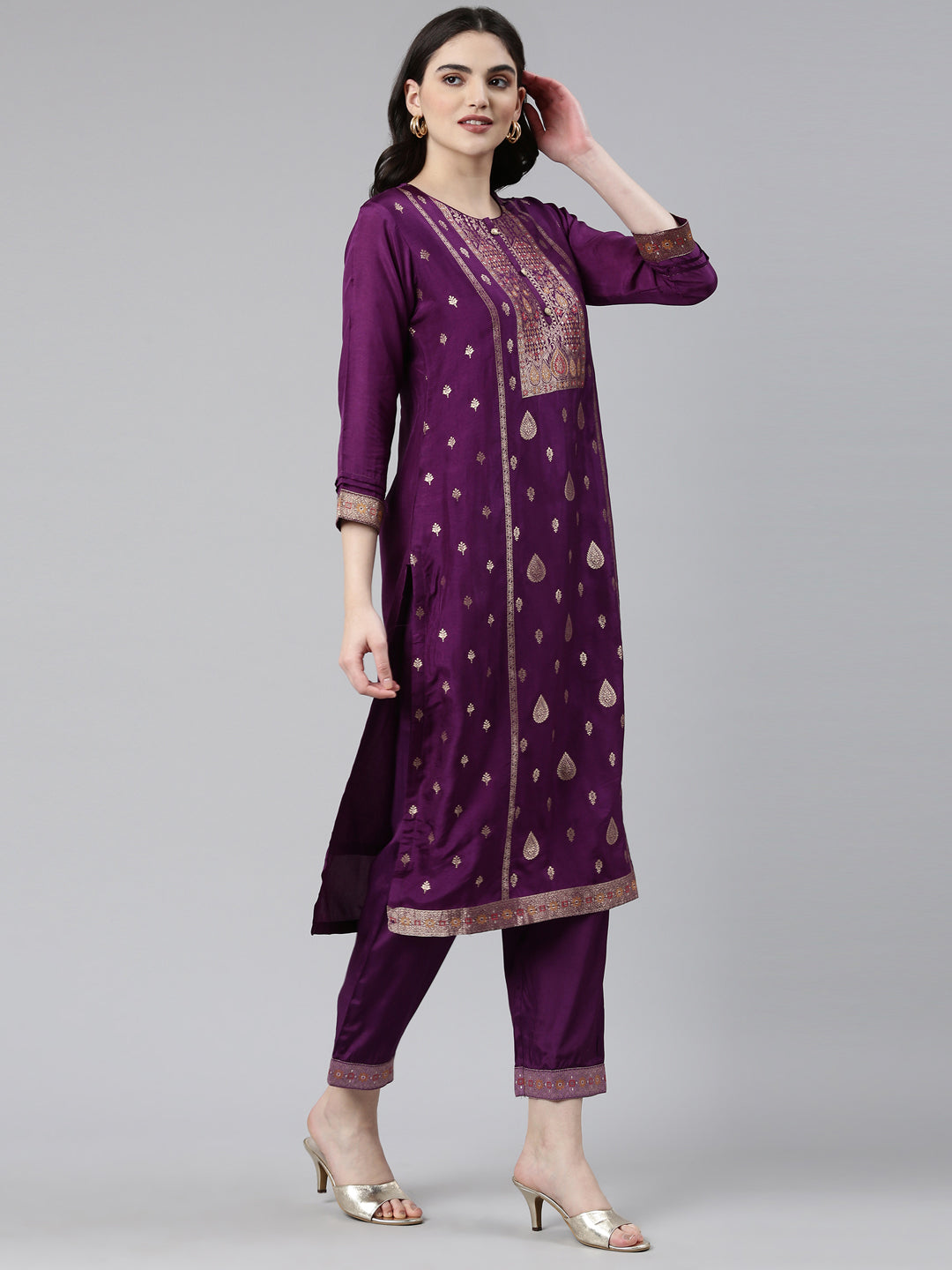 Neerus Purple Banarasi printed kurta set with trouser and dupatta - back view