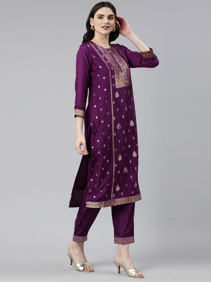 Neerus Purple Banarasi printed kurta set with trouser and dupatta - back view