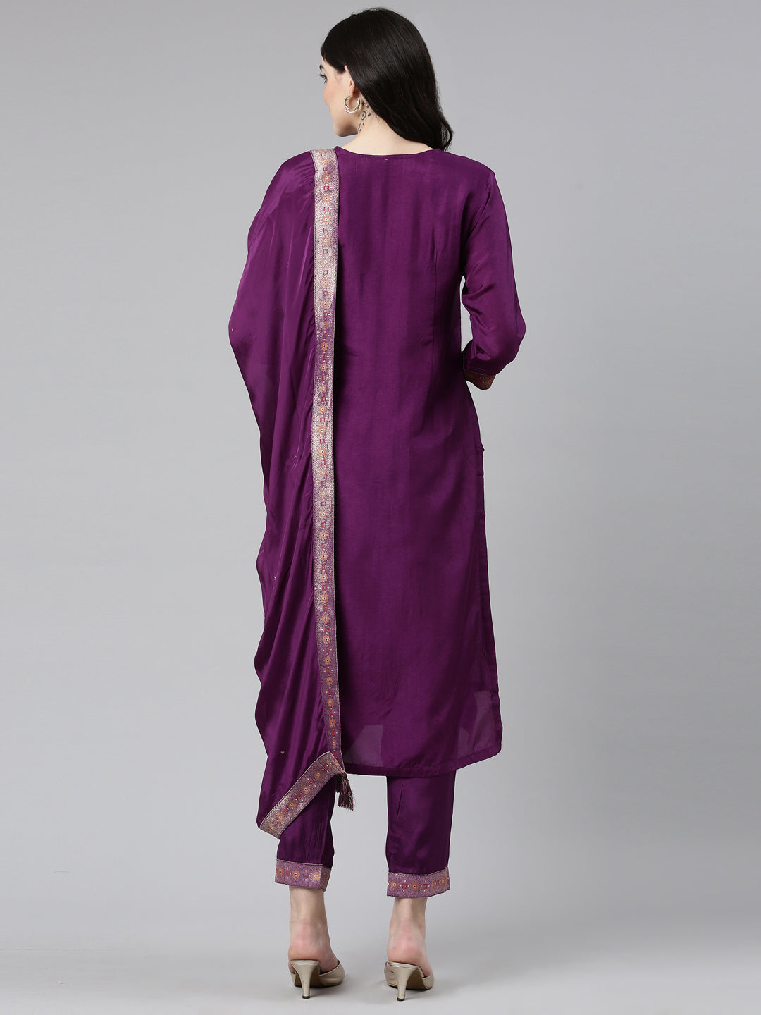 Neerus Purple Banarasi printed kurta set with trouser and dupatta - side view