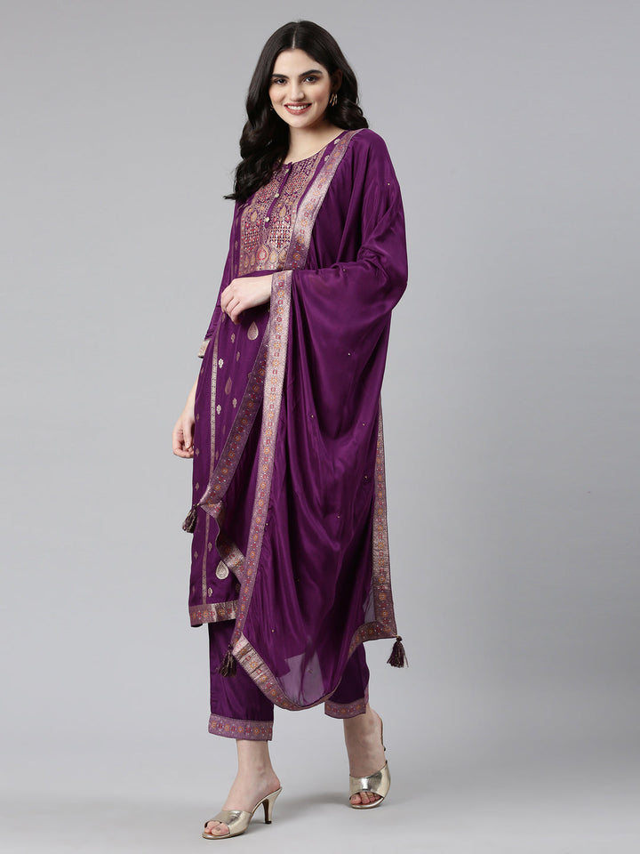 Neerus Purple Banarasi printed kurta set with trouser and dupatta - detail view 2