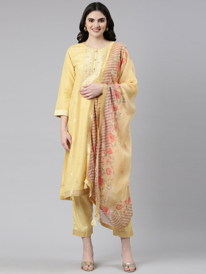 Neerus Yellow Banarasi printed kurta set with trouser and dupatta - front view