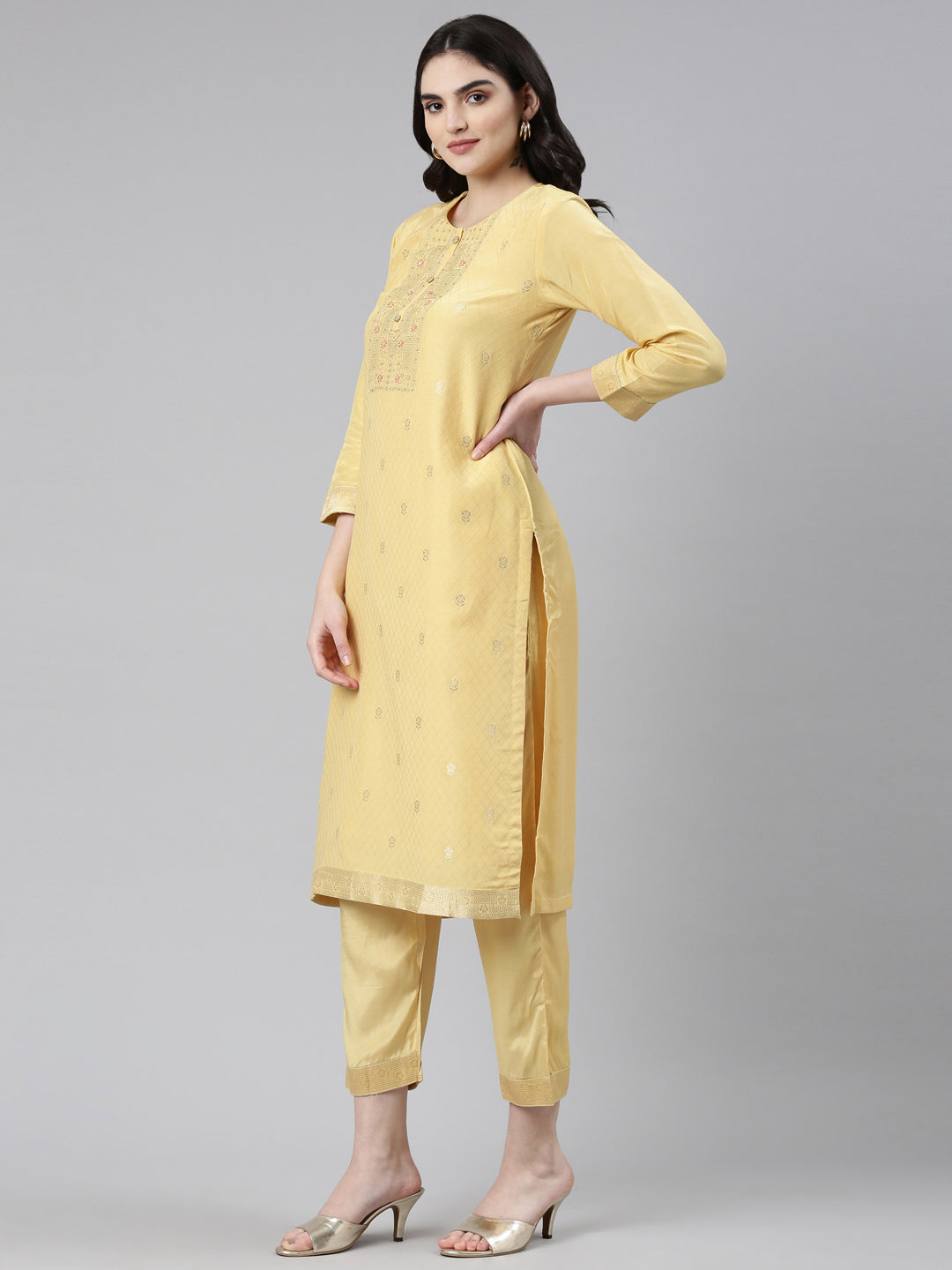 Neerus Yellow Banarasi printed kurta set with trouser and dupatta - back view