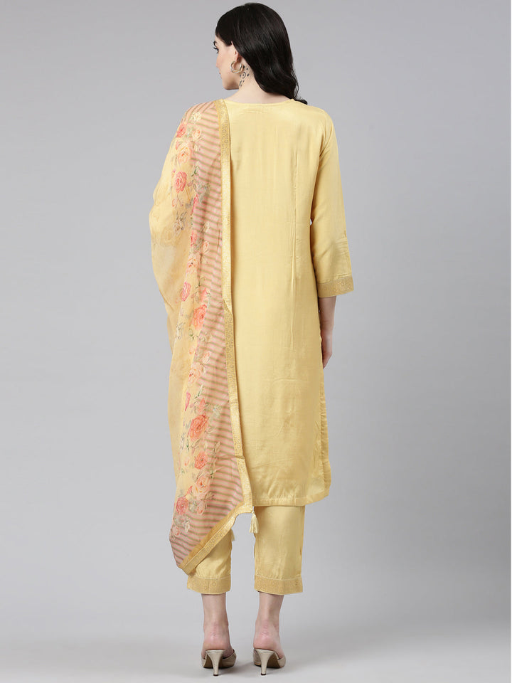 Neerus Yellow Banarasi printed kurta set with trouser and dupatta - side view