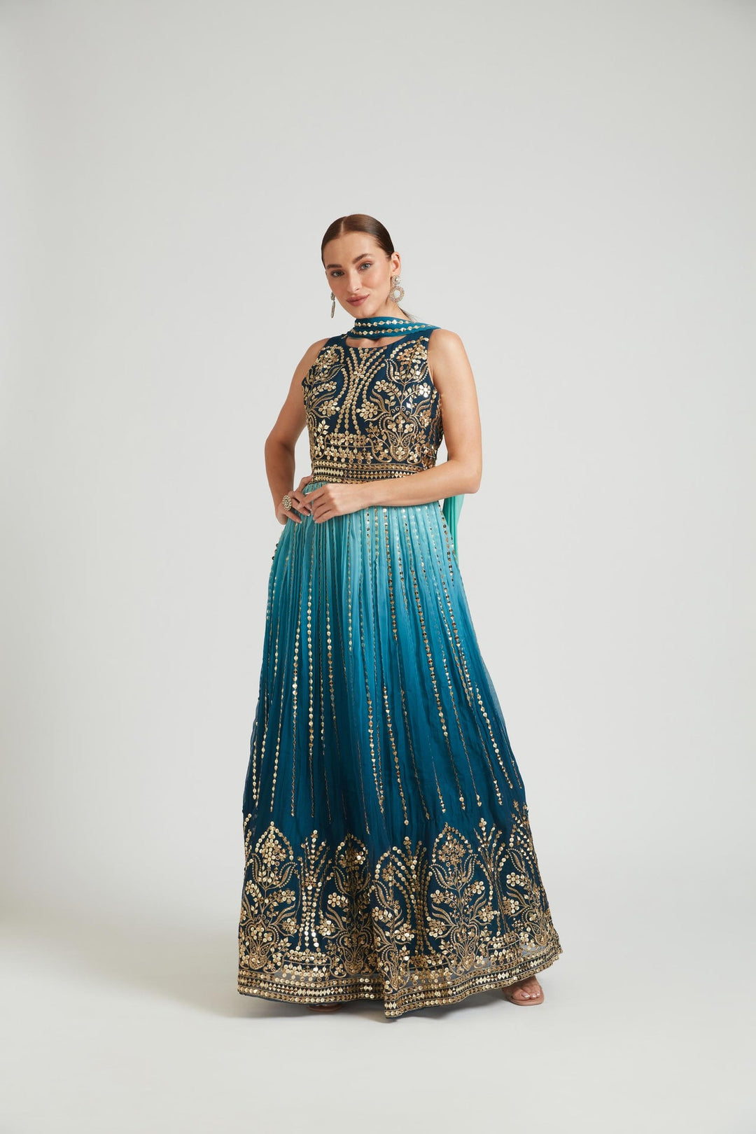 Neerus Green Georgette Embroidered Gown - front view