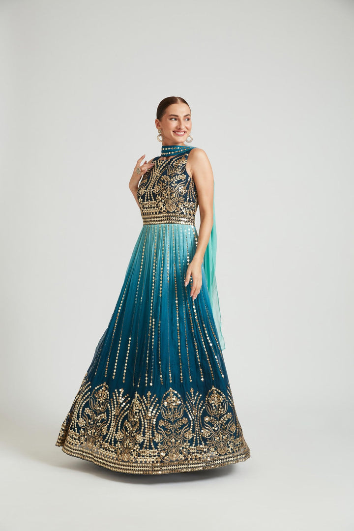 Neerus Green Georgette Embroidered Gown - side view