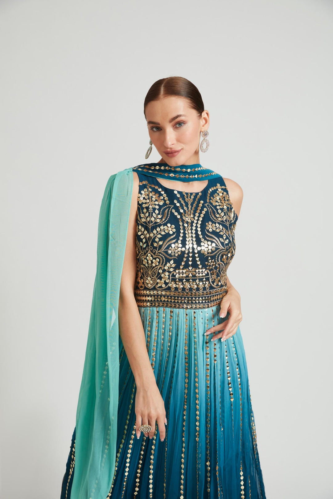 Neerus Green Georgette Embroidered Gown - detail view 2