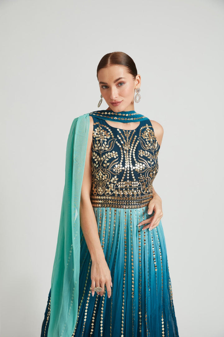 Neerus Green Georgette Embroidered Gown - detail view 2