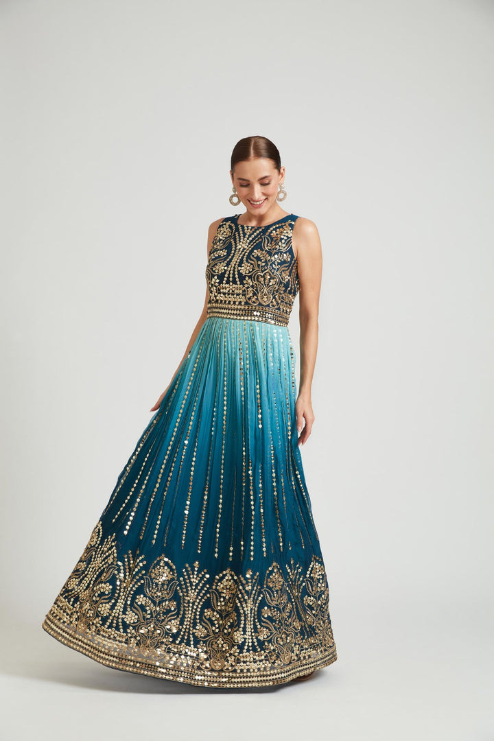Neerus Green Georgette Embroidered Gown - detail view 3