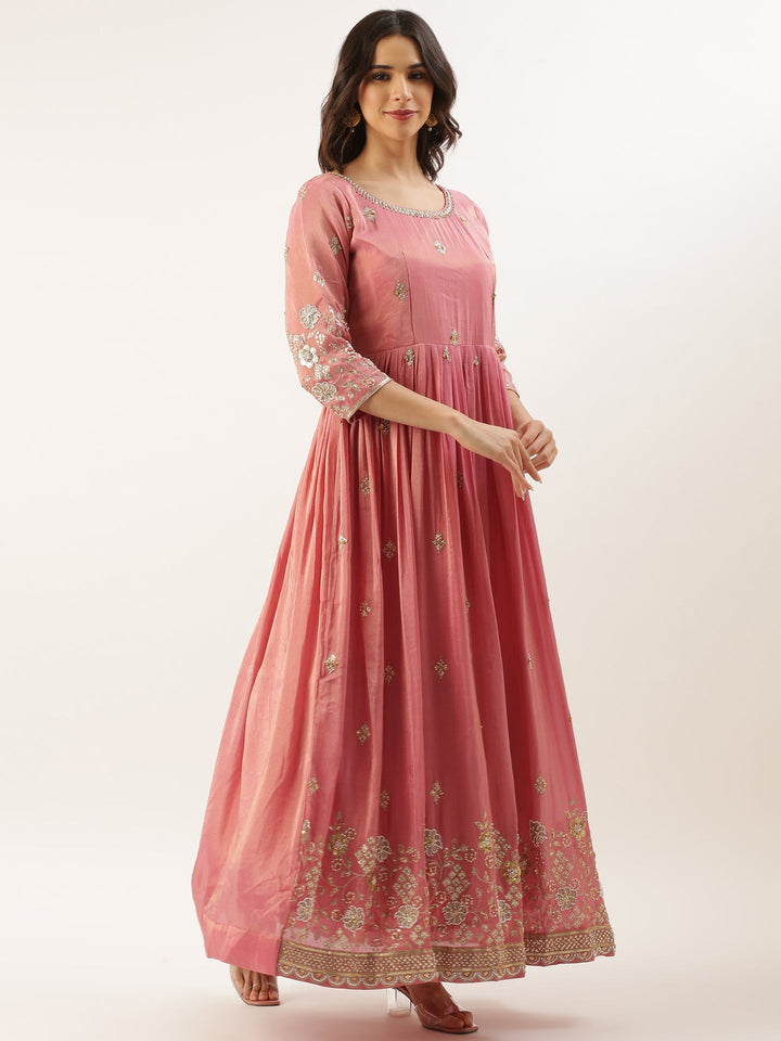 Pink Tissue Embroidered Long Kali