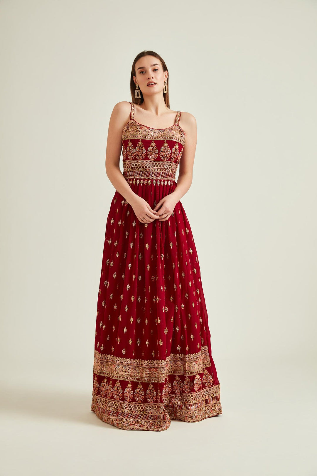 Neerus Maroon georgette embroidered Anarkali kurta set - detail view 1