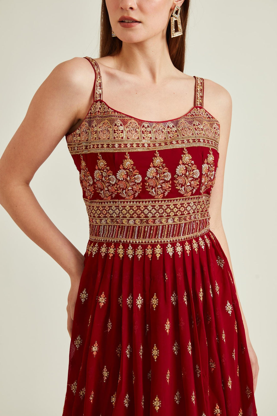 Neerus Maroon georgette embroidered Anarkali kurta set - detail view 2