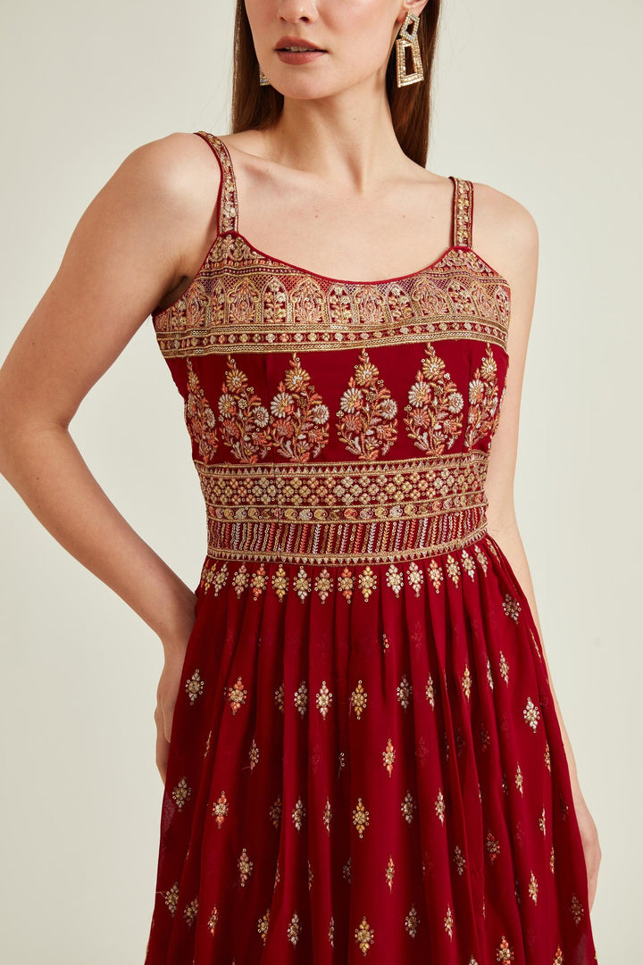 Neerus Maroon georgette embroidered Anarkali kurta set - detail view 2
