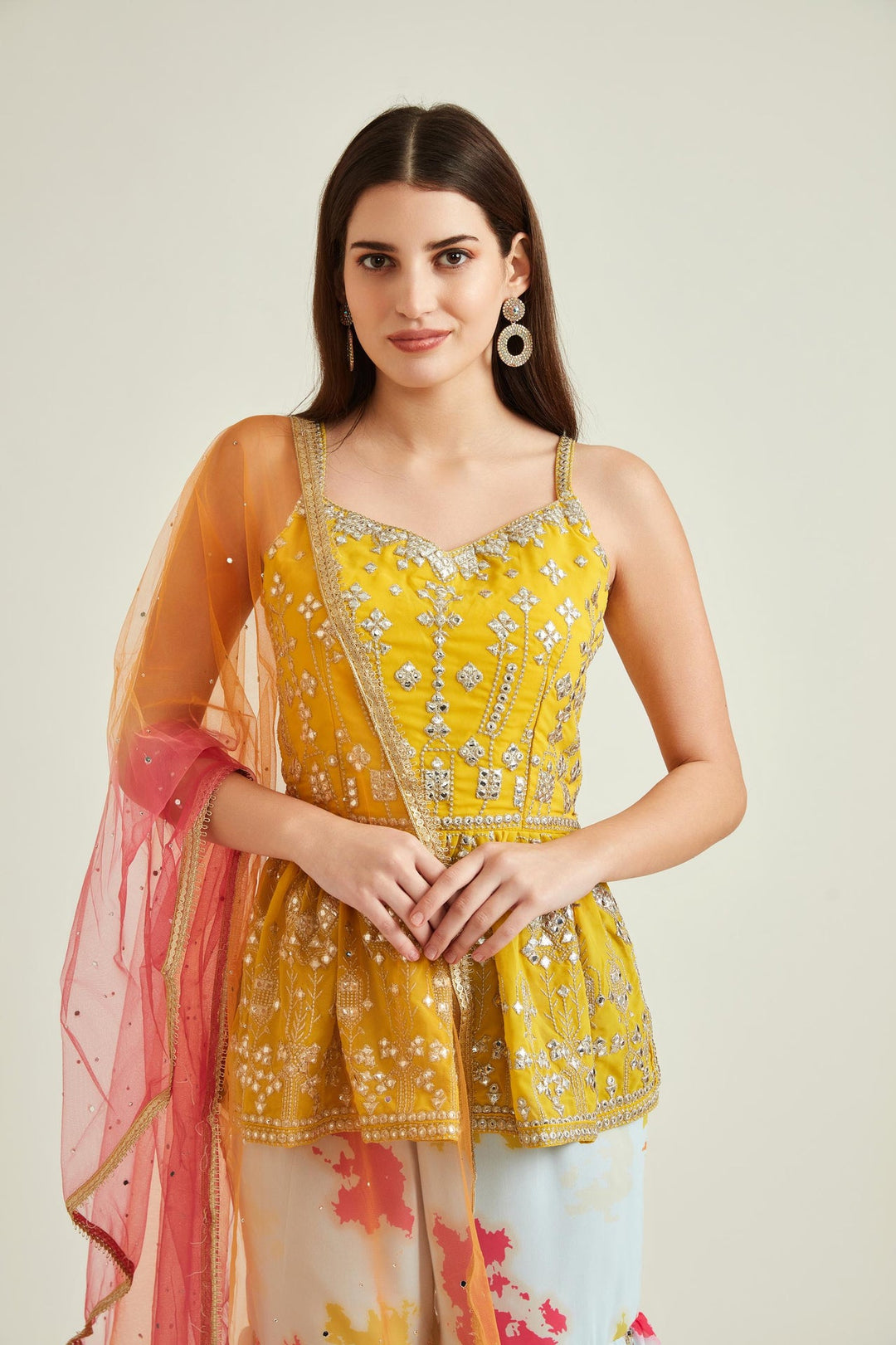 Neerus Yellow georgette mirror work kurta set - detail view 1