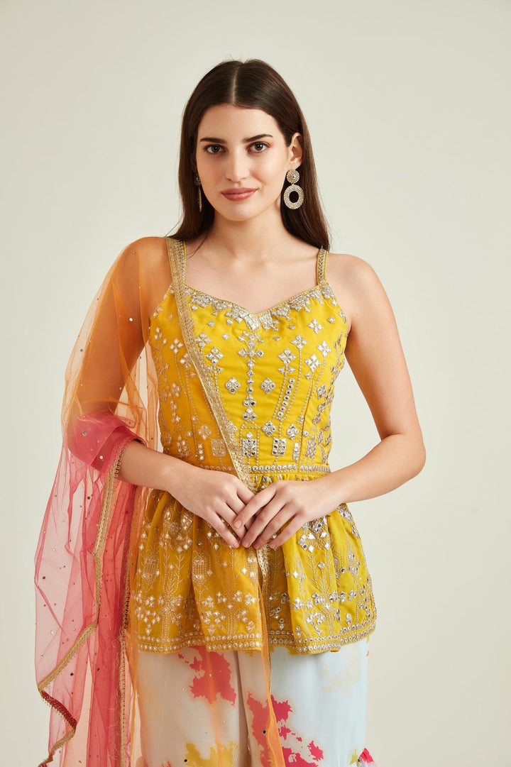 Neerus Yellow georgette mirror work kurta set - detail view 1