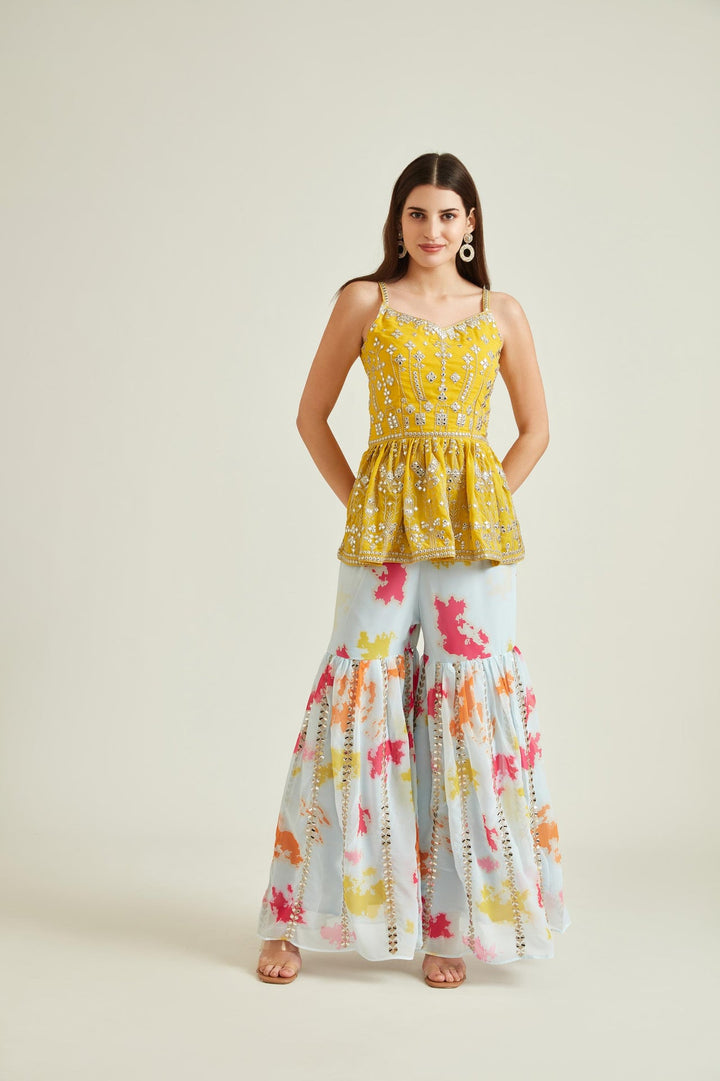 Neerus Yellow georgette mirror work kurta set - front view