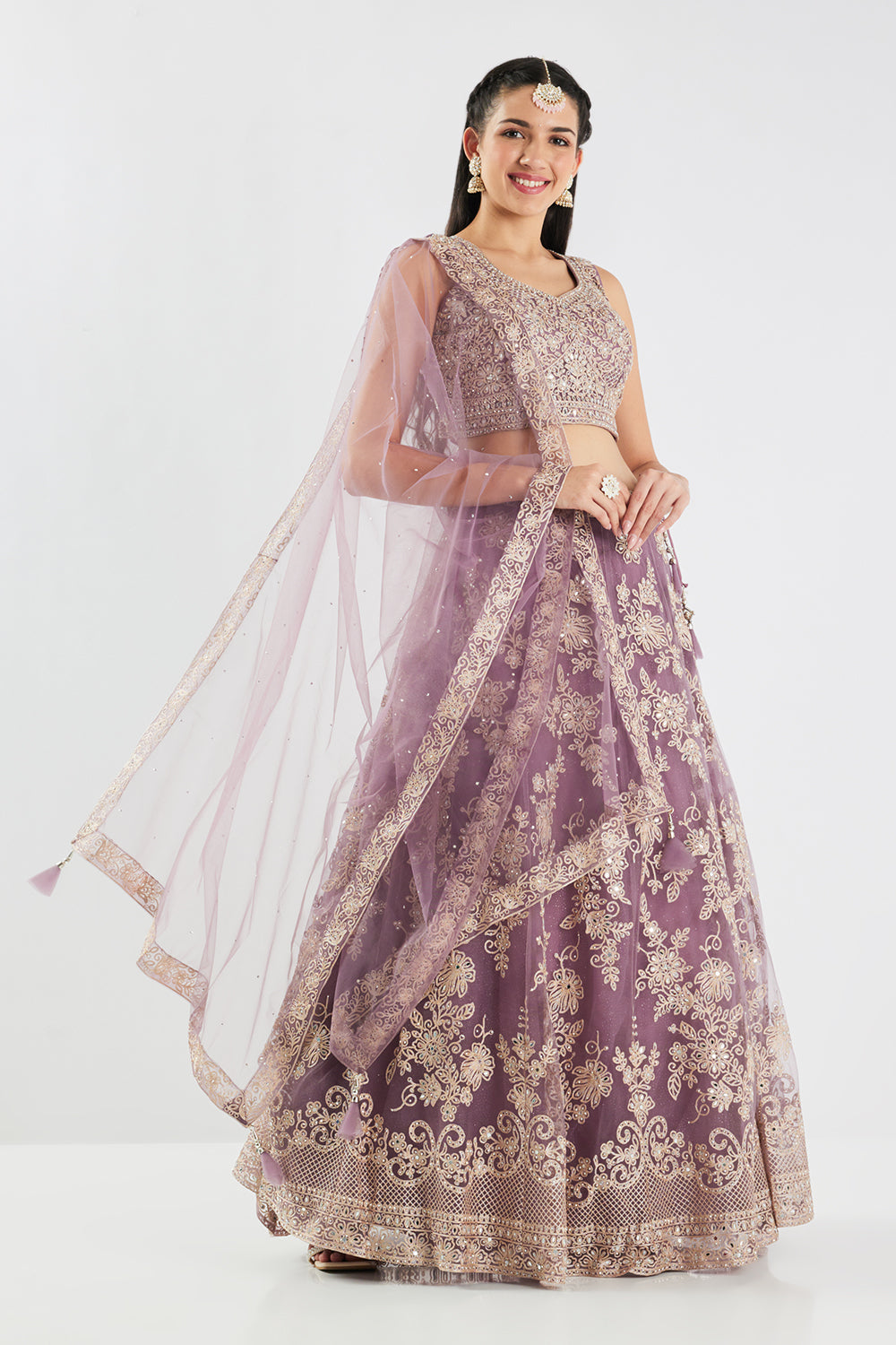 Neerus Purple net embroidered lehenga set - back view