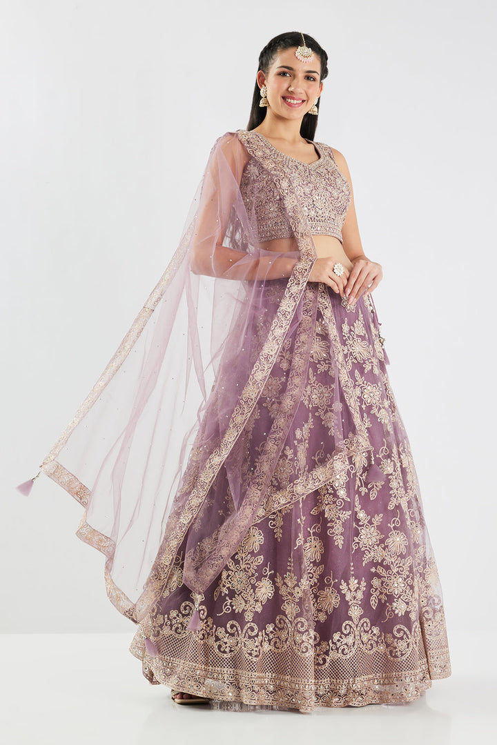 Neerus Purple net embroidered lehenga set - back view