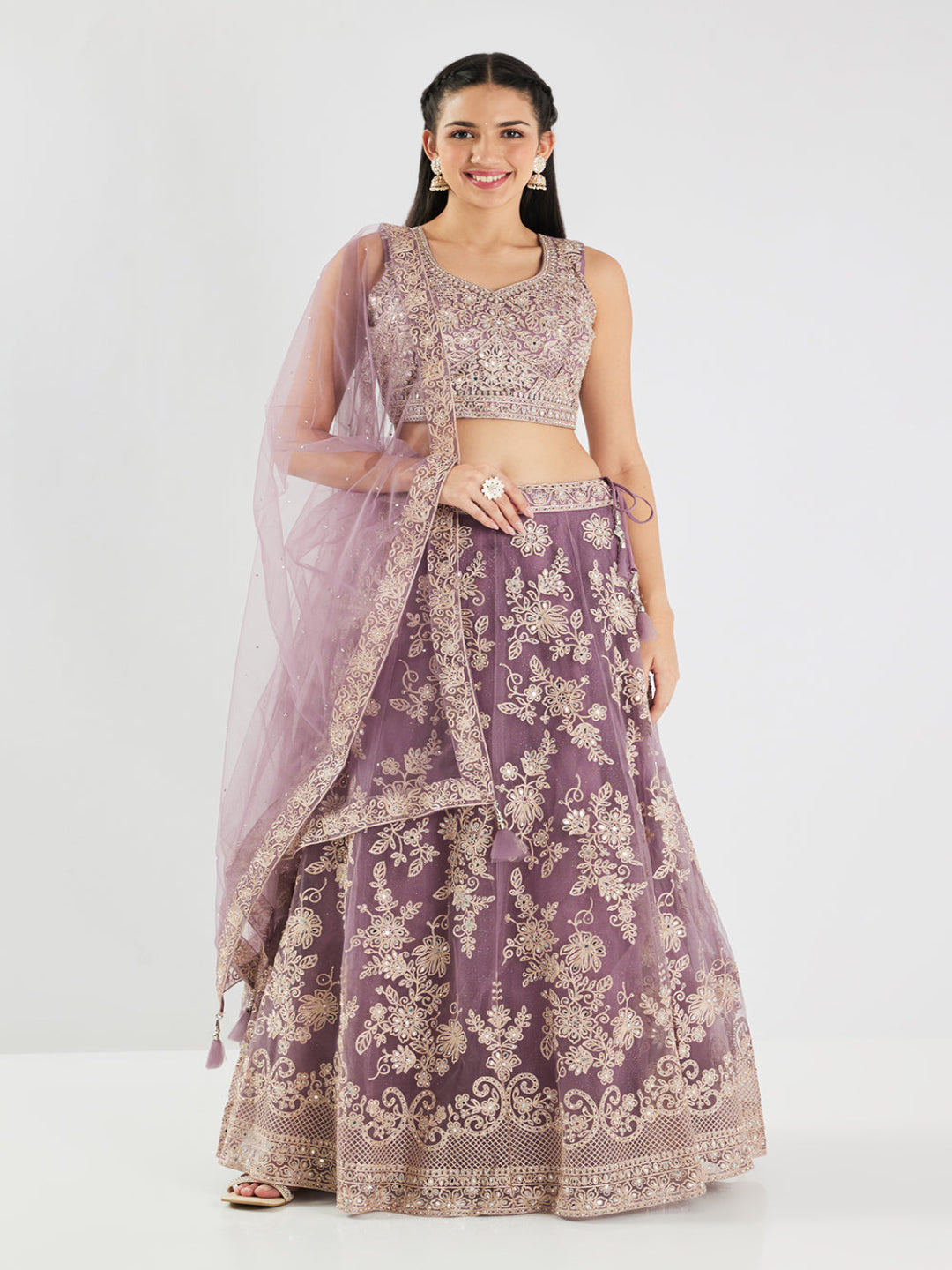 Neerus Purple net embroidered lehenga set - front view