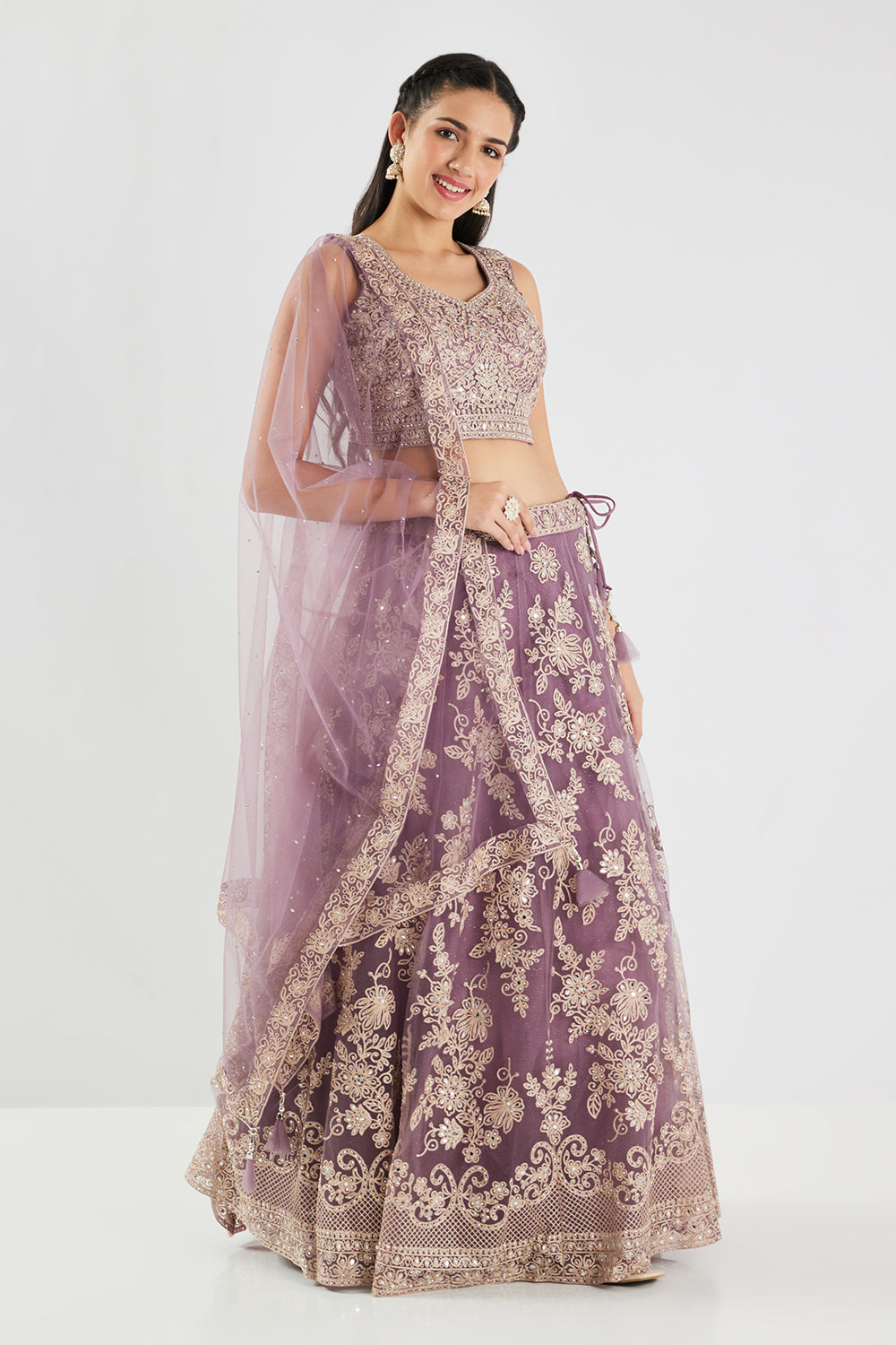Neerus Purple net embroidered lehenga set - side view