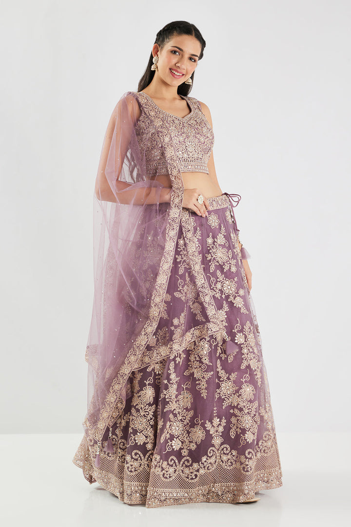 Neerus Purple net embroidered lehenga set - side view