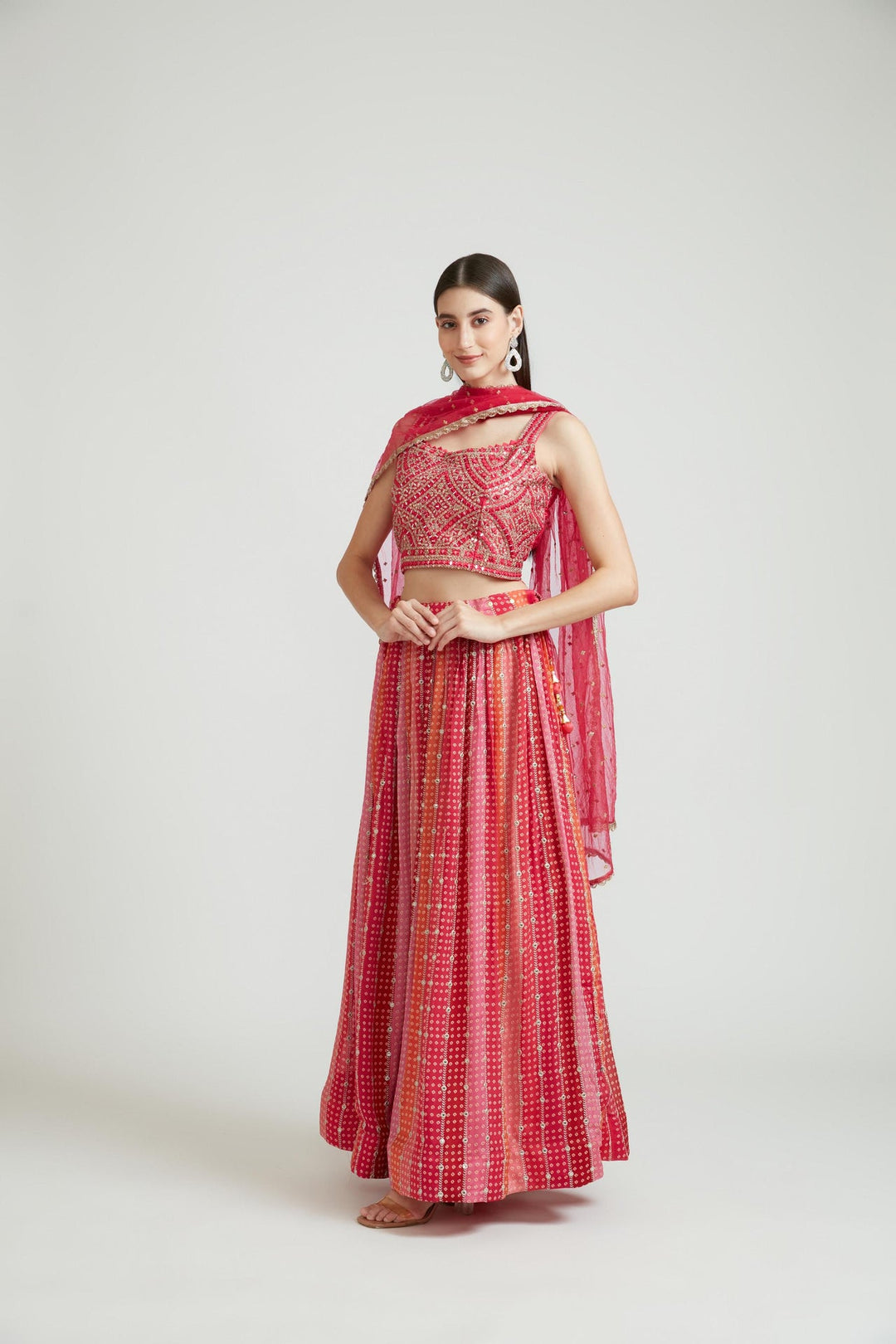 Neerus Pink silk embellished lehenga choli set - front view